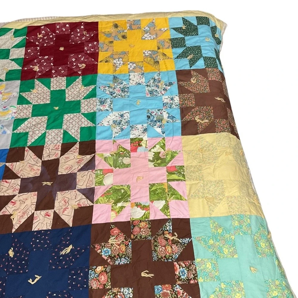 Vintage Handmade‎ Bears Paw Patchwork Quilt 1940s-1950s Cotton Hand-Tied Full Sz